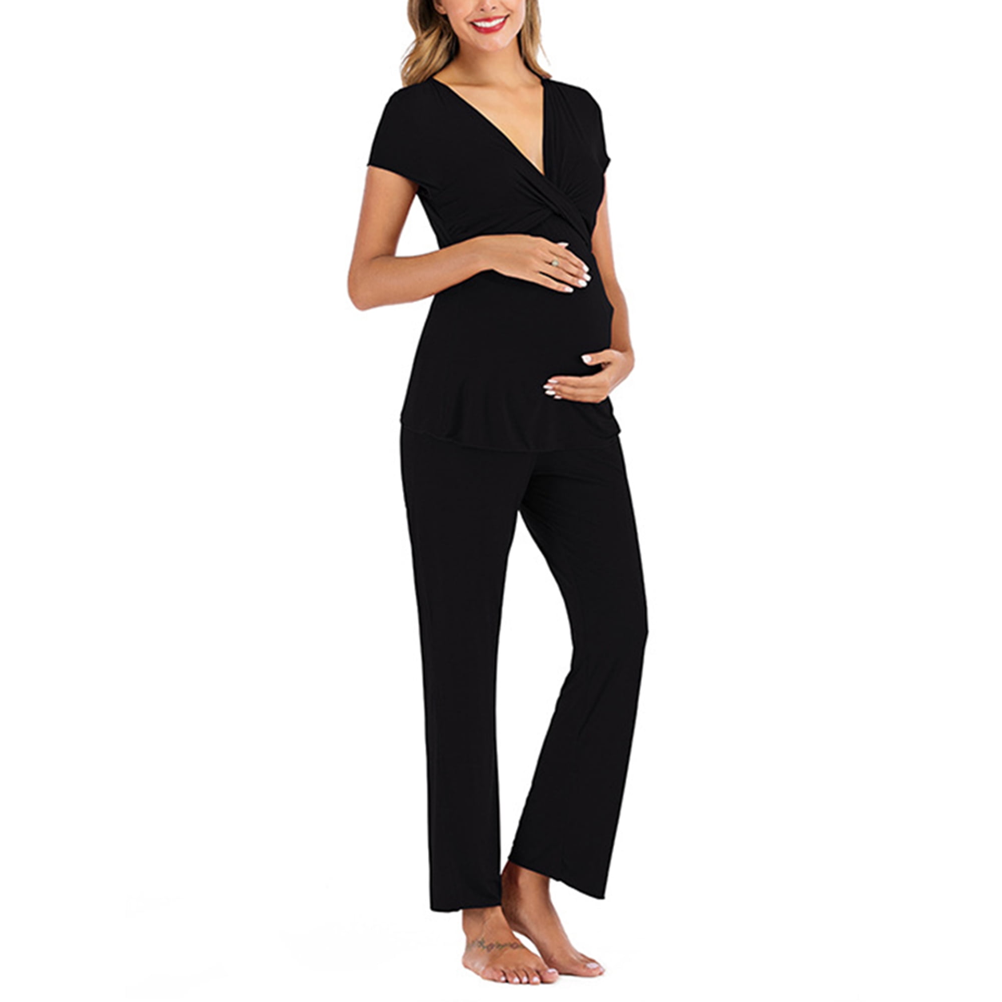 Women/’s Maternity Nursing Pajamas for Hospital Short Raglan Sleeve Basic Nursing Shirt Pregnancy Breastfeeding Sleepwear Set